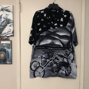 Dragonfly Graphic Short-Sleeve Button-Up Shirt with Stars & Motorcycle print! L